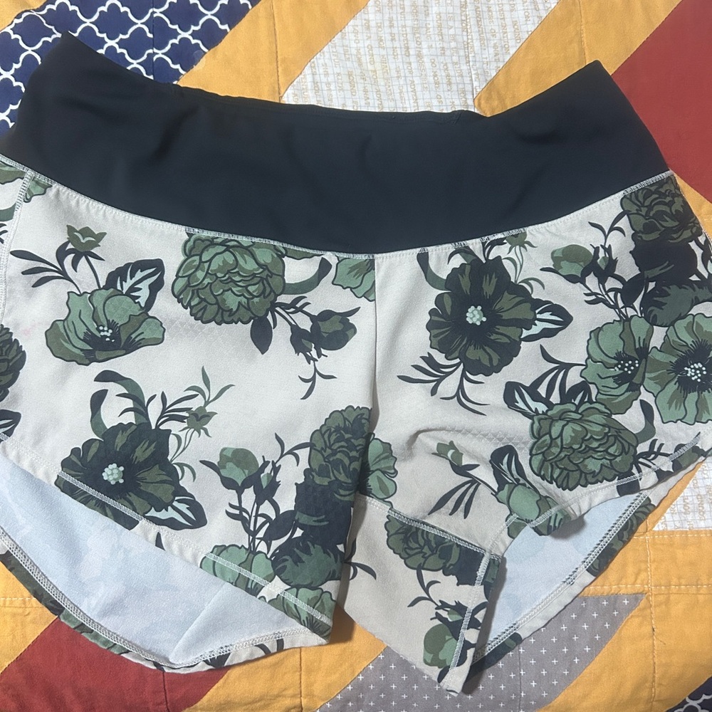 Oiselle Green and Black Athletic Shorts with Floral Design